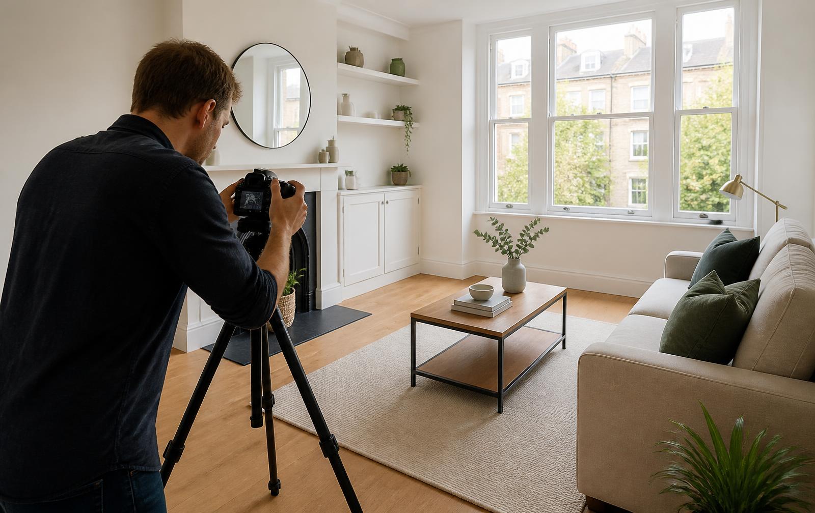 Property photographer shooting a staged UK rental living room for a marketing listing